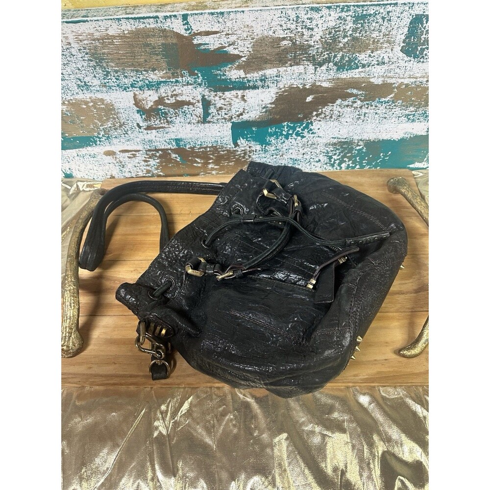 Dr Yany Bucket Bag with Drawstring. Black Leather with crossbody Strap Y2K